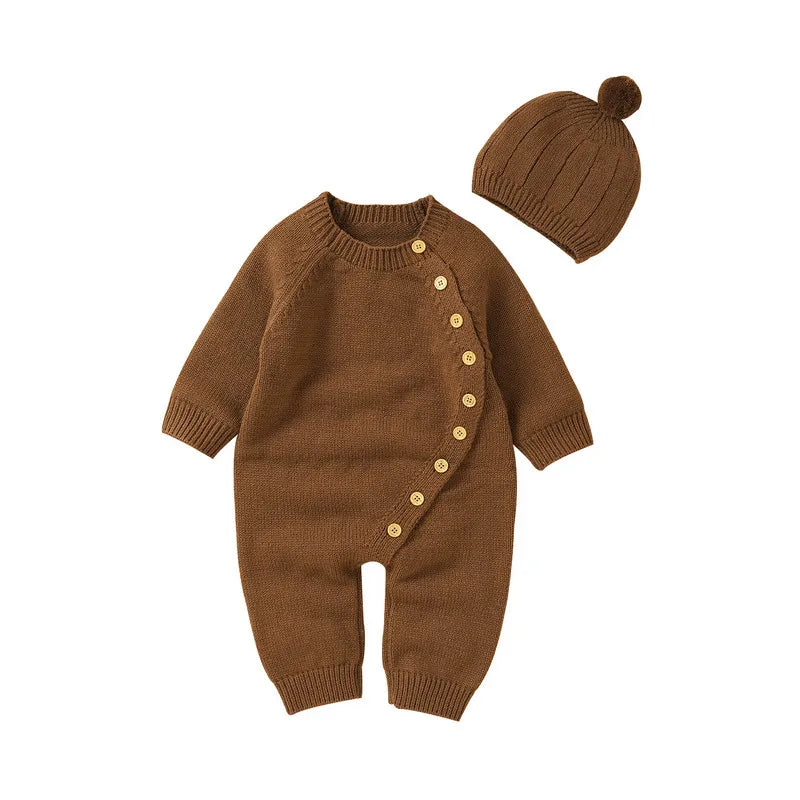BORA Newborn Long Sleeve Romper with Hat in Brown, featuring button details and a cozy design