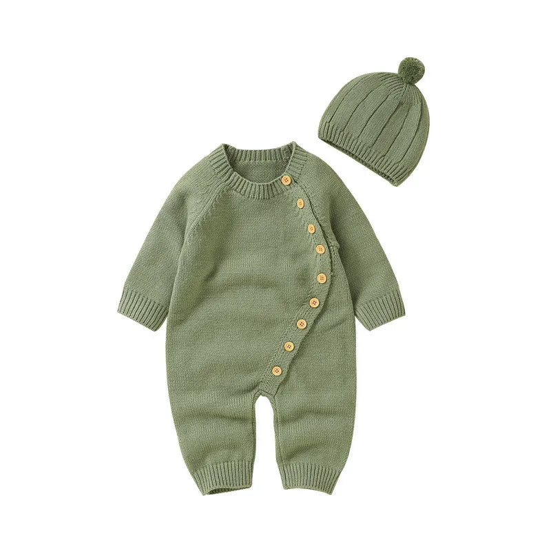 BORA newborn long sleeve romper with hat set in green, featuring button detail for stylish comfort