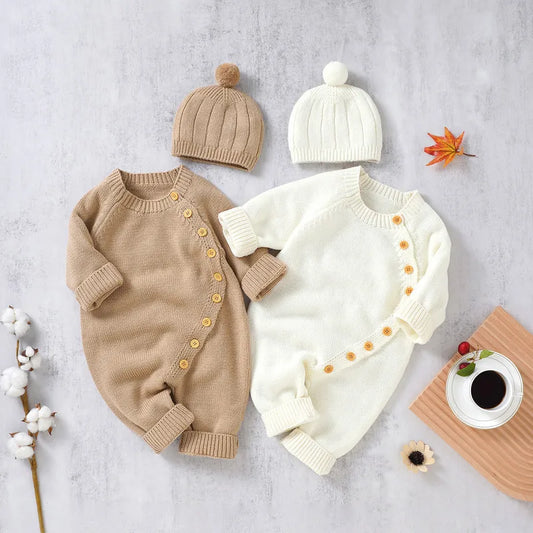 BORA newborn long sleeve romper with hat set in beige and white, featuring button details and cozy knit design