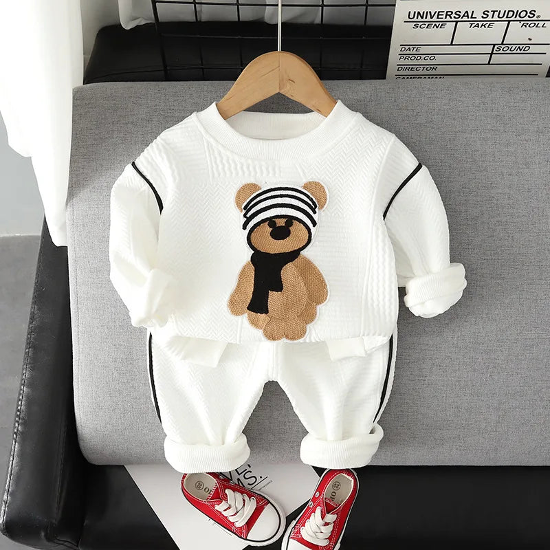 Spring autumn toddler clothes set with cute bear design including long sleeve pullover and pants