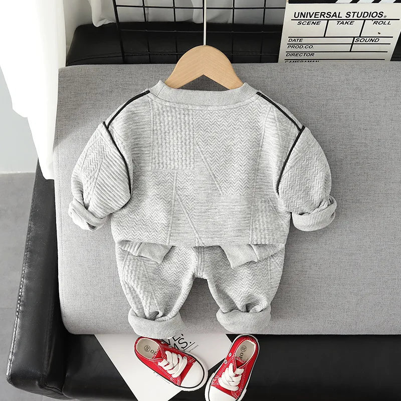 Spring autumn toddler clothes set featuring gray pullover hoodie and pants for baby boys