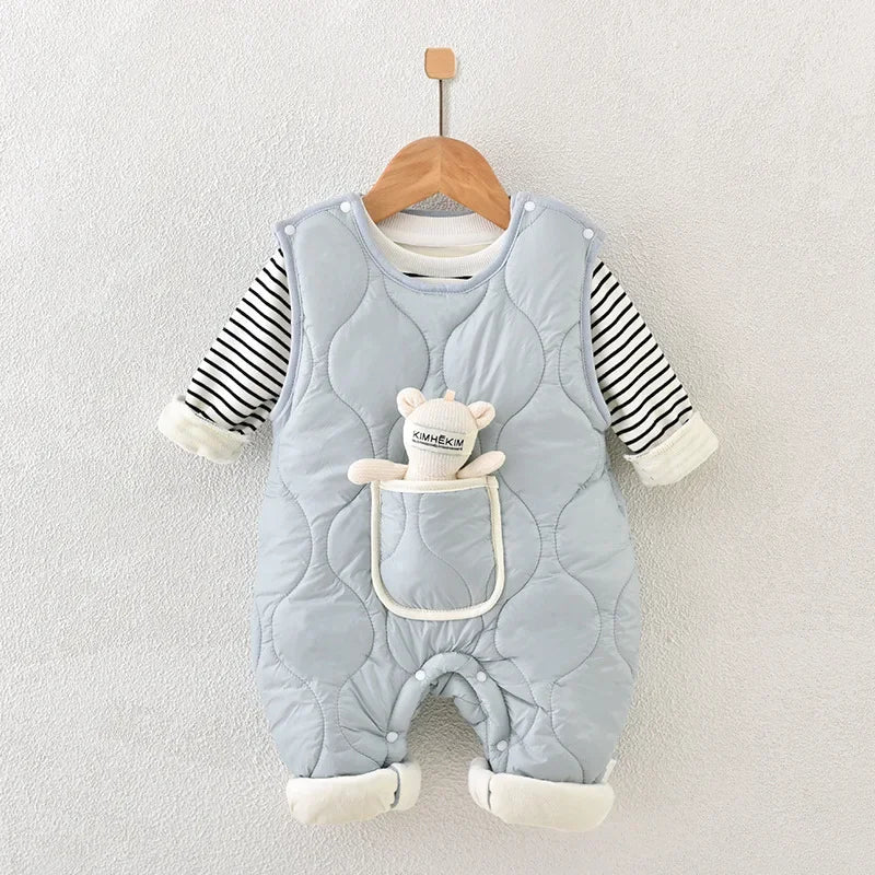 Warm striped baby outfit featuring a plush jumpsuit with a cute doll pocket and soft cotton material