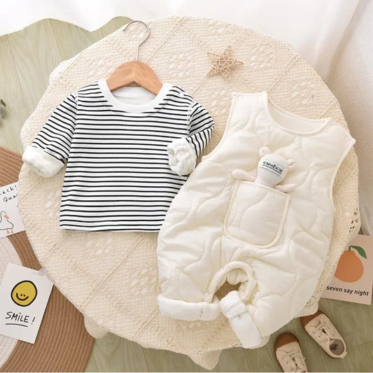 Warm striped baby outfit featuring a plush top and jumpsuit set perfect for winter comfort
