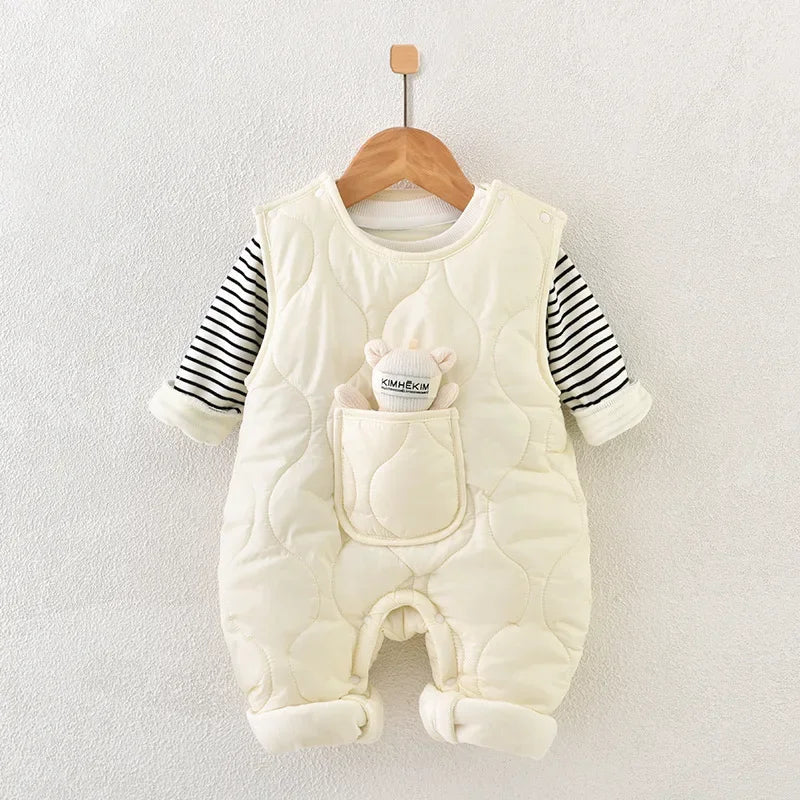 Warm striped baby outfit featuring a plush thick cotton set with jumpsuit and doll for cozy comfort